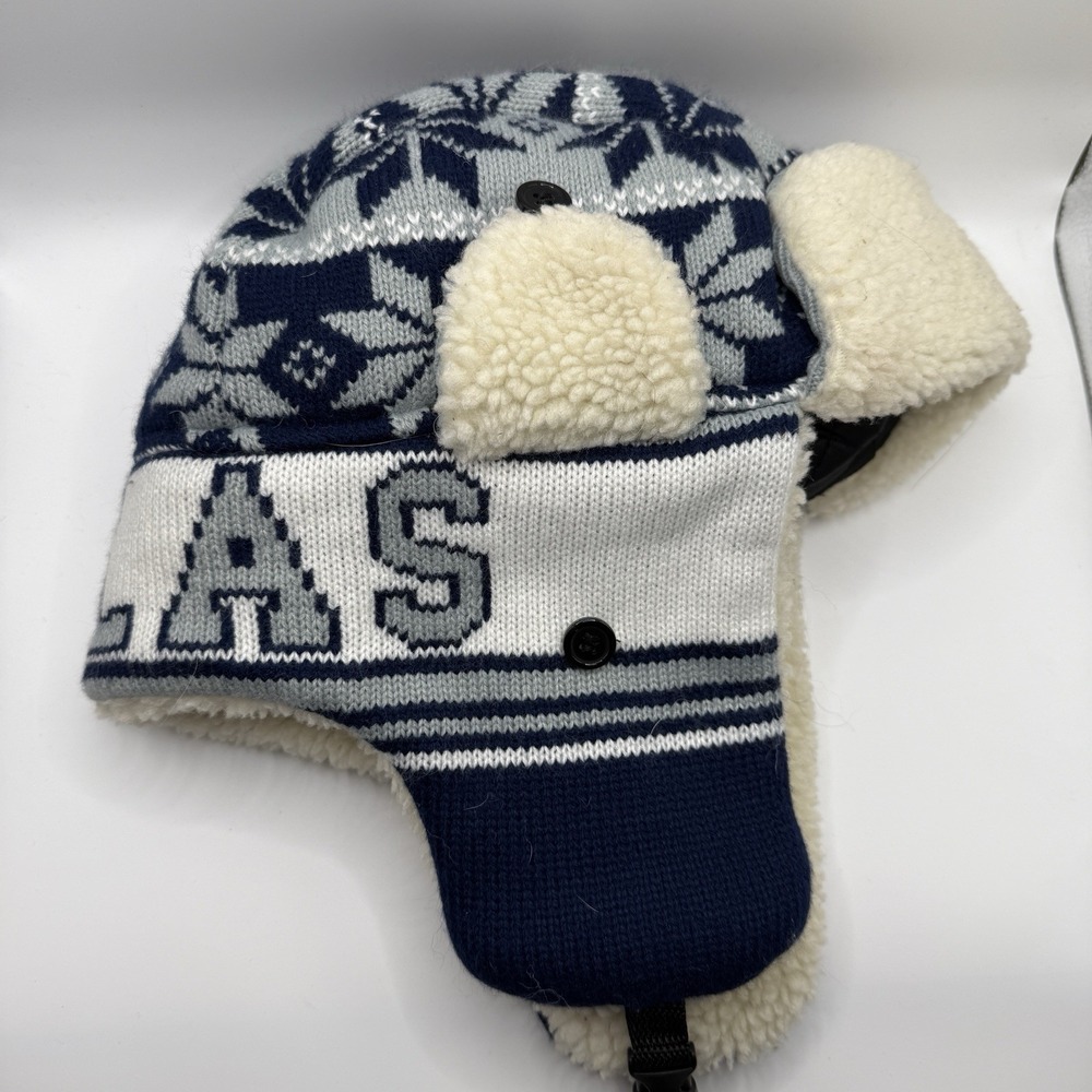Dallas Cowboys‎ Team Pom Pom Trapper Blue Silver Faux Fur Trapper Hat
